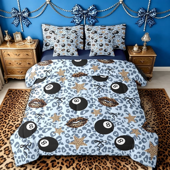 spefrowx Lucky 8 Ball Twin Bedding for Teens, Blue Leopard Print Lips Print Bedding Comforter Set, Navy Reversible, 7 Pieces