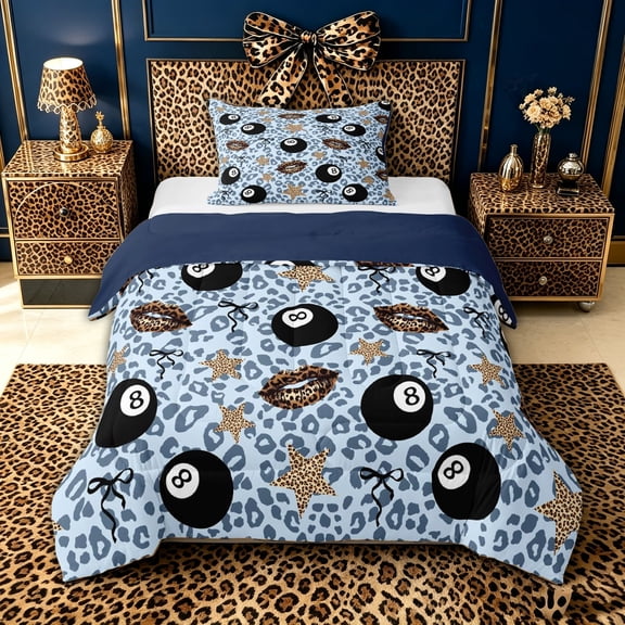 spefrowx Lucky 8 Ball Twin Comforter Sets for Teens, Blue Leopard Print Lips Print Bedding Set, Navy Reversible, 2 Pieces, 1 Comforter and 1 Pillowcase