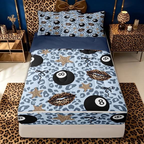 spefrowx Lucky 8 Ball Zipper Twin Comforter Sets with Fitted Sheet and 2 Pillowcases for Teens, Blue Leopard Print Lips Print Zipper Bedding Set, Navy Reversible, 4 Pieces