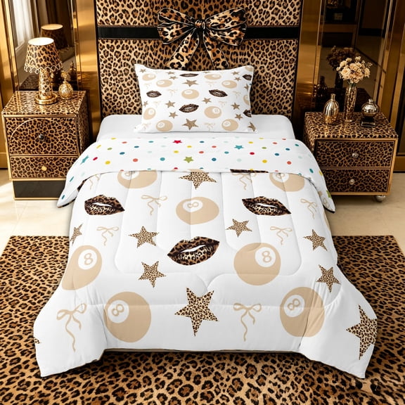 spefrowx Lucky 8 Billiard Twin Comforter Sets for Teens, Beige Leopard Print Lips Bedding Set, Polka Dot Reversible, 2 Pieces, 1 Comforter and 1 Pillowcase