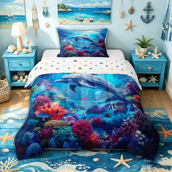 spefrowx Magic Dolphin Twin Comforter Sets for Kids, Blue Sunlit Coral Sealife Animals Bedding Set, Polka Dot Reversible, 2 Pieces, 1 Comforter and 1 Pillowcase
