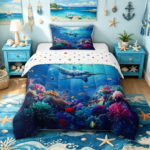 spefrowx Magic Sea Narwhal Twin Comforter Sets for Kids Boys, Blue Reef Tropical Fish Bedding Set, Polka Dot Reversible, 2pcs, 1 Comforter and 1 Pillowcase