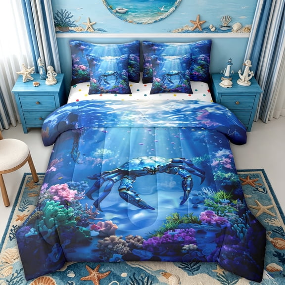 spefrowx Magical Blue Crab Full Size Bedding Sets for Kids, Underwater Reef Coral Full Size Bed in a Bag, Polka Dot Reversible, 7pcs