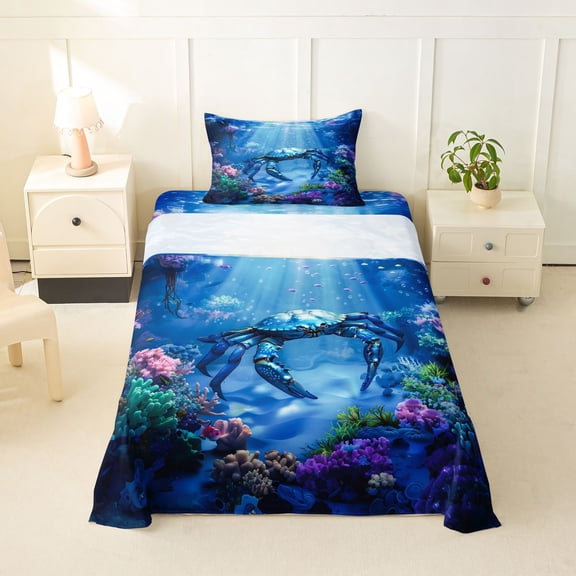 spefrowx Magical Blue Crab Twin Sheets for Kids, Underwater Reef Coral Bedding, 3pcs, 1 Flat Sheet, 1 Fitted Sheet and 1 Pillowcase