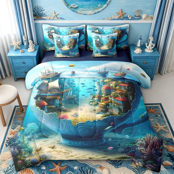 spefrowx Magical Ocean Teacup Twin Bedding for Kids, Blue Coral Fish Underwater Ship Town Bedding Comforter Set, Navy Reversible, 7-Piece