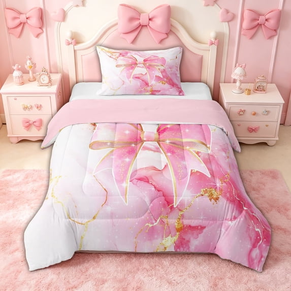spefrowx Marble Ombre Bowknot Twin Comforter Sets for Kids, Cherry Blossoms Pink Stripes Bedding Set, Pink Reversible, 2pcs, 1 Comforter and 1 Pillowcase