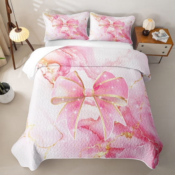 spefrowx Marble Ombre Bowknot Twin Quilt Set for Girls Boys, Cherry Blossoms Pink Stripes Twin Coverlet Set, 2pcs