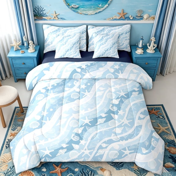 spefrowx Minimalist Wave Seashell Full Size Bedding Sets for Adults, Blue Silhouette Starfish Full Size Bed in a Bag, Navy Reversible, 7pcs