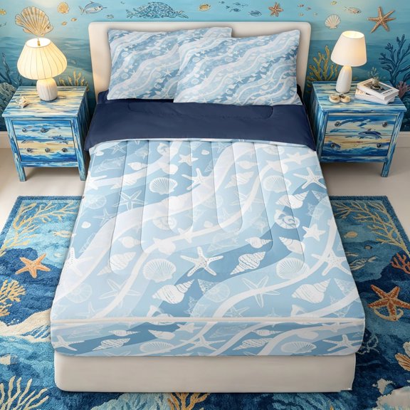 spefrowx Minimalist Wave Seashell Zipper Full Size Comforter Sets with Fitted Sheet and 2 Pillowcases for Adults, Blue Silhouette Starfish Zipper Bedding Set, Navy Reversible, 4pcs