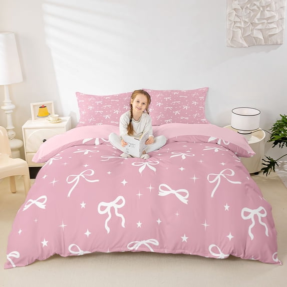 spefrowx Minimalist White Bow Duvet Cover Queen for Kids, Girly Pink Star Print Queen Bedding, Pink Reversible, 3 Pieces, 1 Duvet Cover and 2 Pillowcases