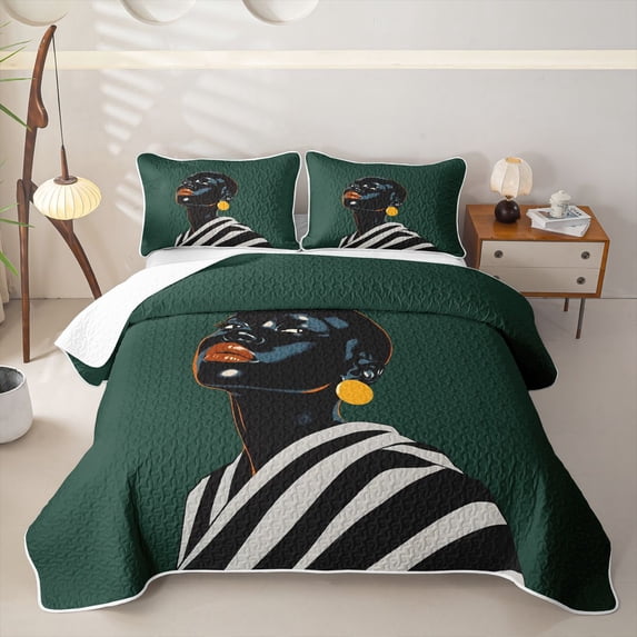 spefrowx Modern Pop Art Black Woman Quilt Full for Adults, Green Fashion Princess Full Bedspread Sets, 3-Piece