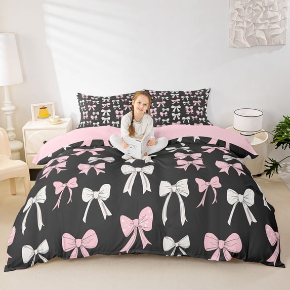 spefrowx Monochrome Bow Bedding for Teens, Simple Cartoon Ribbon Duvet Cover Full, Pink Reversible, 3-Piece, 1 Duvet Cover and 2 Pillowcases