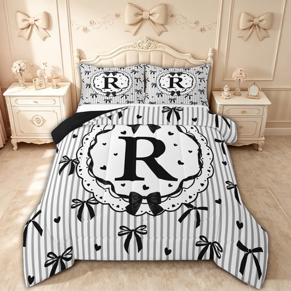 spefrowx Monogram R Bow Queen Comforter Set for Girls, Cartoon Stripe Love Heart Comforter Sets Queen, Black Reversible, 3-Piece, 1 Comforter and 2 Pillowcases