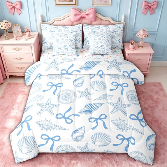 spefrowx Nautical Shell Starfish Queen Bedding for Kids, Blue Bow Style Bedding Comforter Set Queen, Stars Reversible, 7-Piece