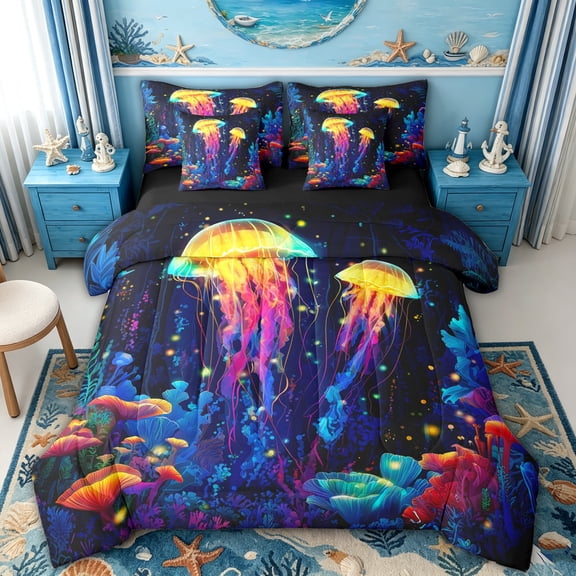 spefrowx Neon Glow Jellyfish Queen Bedding for Teens, Rainbow Coral Deep Sea Art Bedding Comforter Set Queen, Black Reversible, 7pcs