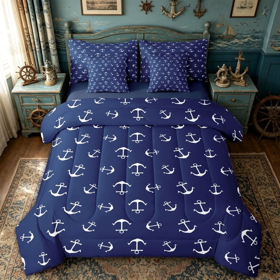spefrowx Ocean Anchor Queen Bedding for Men, Navy Nautical Marine Bedding Comforter Set Queen, Navy Reversible, 7 Pieces