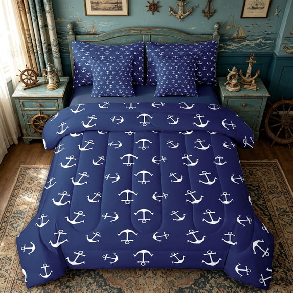 spefrowx Ocean Anchor Twin Bedding for Men, Navy Nautical Marine Bedding Comforter Set, Navy Reversible, 7 Pieces
