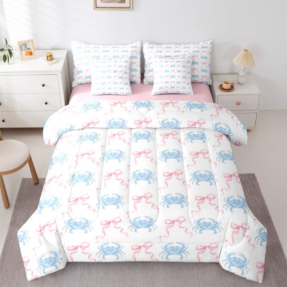 spefrowx Ocean Crab Full Size Bedding Sets for Girls, Pink Stripe Ribbon Bow Full Size Bed in a Bag, Pink Reversible, 7-Piece