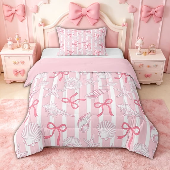 spefrowx Ocean Seashell Starfish Twin Comforter Sets for Girls, Pink Bow Striped Bedding Set, Pink Reversible, 2-Piece, 1 Comforter and 1 Pillowcase