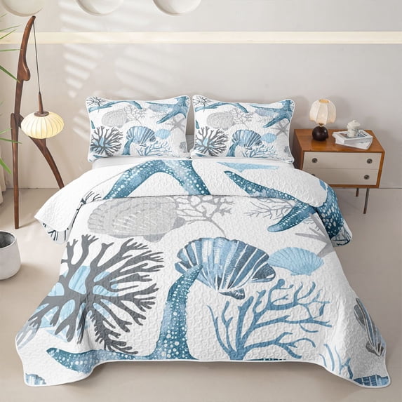 spefrowx Ocean Starfish Bed Spread Queen for Girls Boys, Cute Seashell Seaweed Queen Coverlet Set, 3pcs