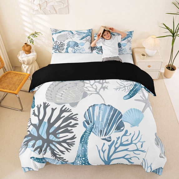 spefrowx Ocean Starfish Duvet Cover Queen for Kids, Cute Seashell Seaweed Queen Bedding, Black Reversible, 3pcs, 1 Duvet Cover and 2 Pillowcases