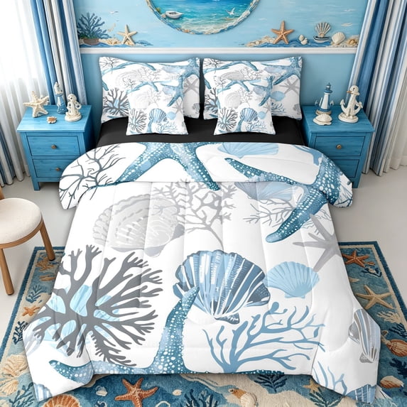 spefrowx Ocean Starfish Full Size Bedding Sets for Kids, Cute Seashell Seaweed Full Size Bed in a Bag, Black Reversible, 7pcs