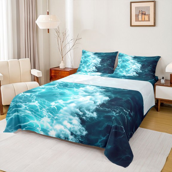 spefrowx Ocean Wave Bed Sheets for Women Men, Teal White Foamy Surf Ripple Full Size Sheets, 4 Pieces, 1 Flat Sheet, 1 Fitted Sheet and 2 Pillowcases
