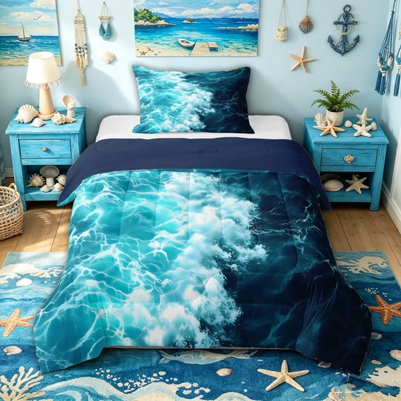 spefrowx Ocean Wave Twin Comforter Sets for Women Men, Teal White Foamy Surf Ripple Bedding Set, Navy Reversible, 2 Pieces, 1 Comforter and 1 Pillowcase