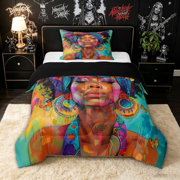 spefrowx Paint Black Woman Twin Comforter Sets for Girl, Boho Vibrant Butterfly Bedding Set, Black Reversible, 2pcs, 1 Comforter and 1 Pillowcase