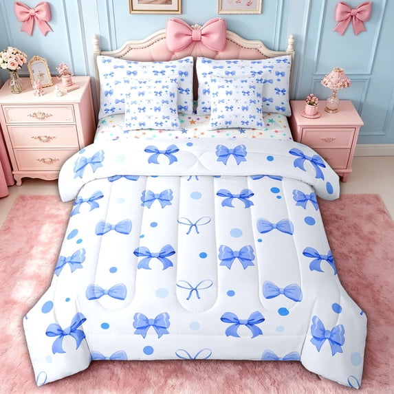 spefrowx Pastel Blue Bowknot Twin Bedding for Kids, Stripes Polka Dot Bedding Comforter Set, Stars Reversible, 7-Piece