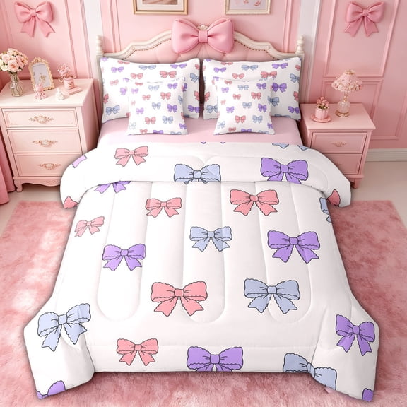 spefrowx Pastel Cartoon Bow Twin Bedding for Kids, Kawaii Princess Ribbon Bedding Comforter Set, Pink Reversible, 7pcs