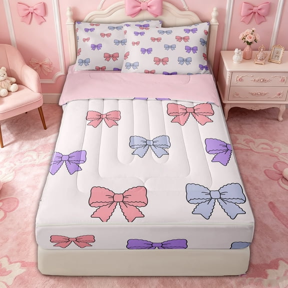 spefrowx Pastel Cartoon Bow Zipper Twin Comforter Sets with Fitted Sheet and 2 Pillowcases for Kids, Kawaii Princess Ribbon Zipper Bedding Set, Pink Reversible, 4pcs