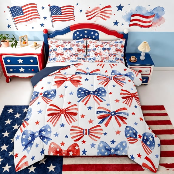 spefrowx Patriotic Bow Queen Comforter Set for Kids, Red Blue Star US Flag Comforter Sets Queen, Navy Reversible, 3-Piece, 1 Comforter and 2 Pillowcases