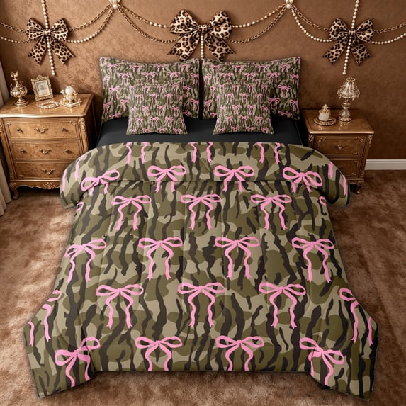 spefrowx Pink Bow Twin Bedding for Teens, Olive Brown Rustic Camo Bedding Comforter Set, Black Reversible, 7-Piece