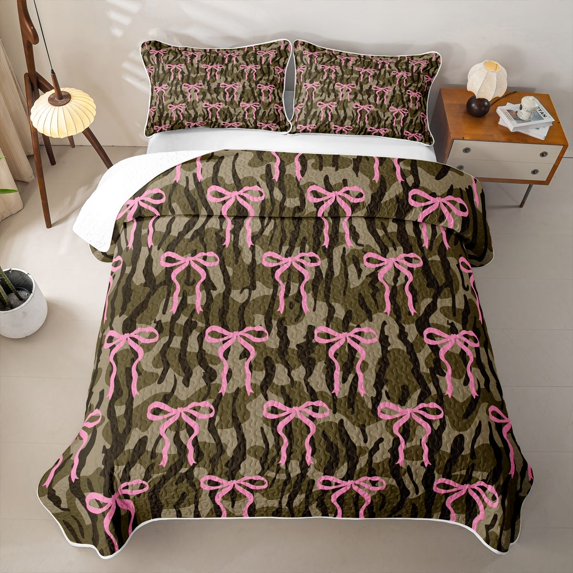 spefrowx Pink Bow Twin Quilt Set for Teens, Olive Brown Rustic Camo Twin Coverlet Set, 2-Piece