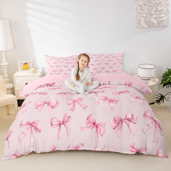 spefrowx Pink Bow Watercolor Duvet Cover Queen for Women, Cute Princess Ribbon Queen Bedding, Pink Reversible, 3-Piece, 1 Duvet Cover and 2 Pillowcases