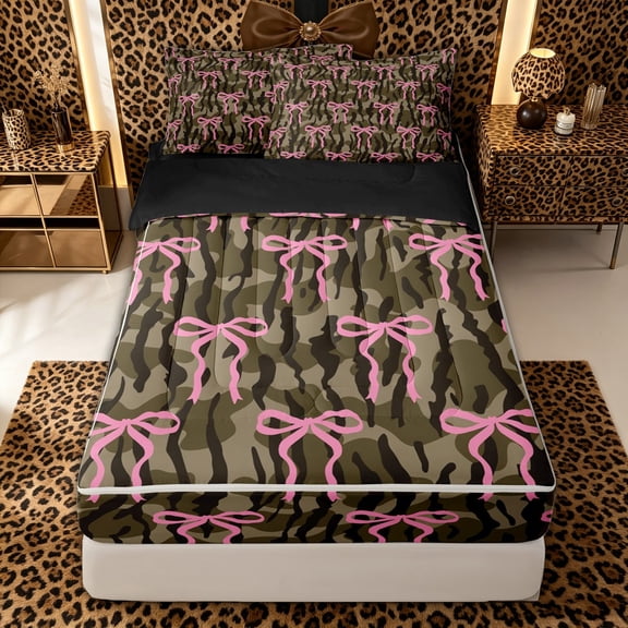 spefrowx Pink Bow Zipper Twin Comforter Sets with Fitted Sheet and 2 Pillowcases for Teens, Olive Brown Rustic Camo Zipper Bedding Set, Black Reversible, 4-Piece