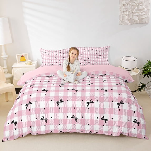 spefrowx Pink Coquette Plaid Bedding for Teens, Kawaii Cartoon Bow Duvet Cover Full, Pink Reversible, 3pcs, 1 Duvet Cover and 2 Pillowcases