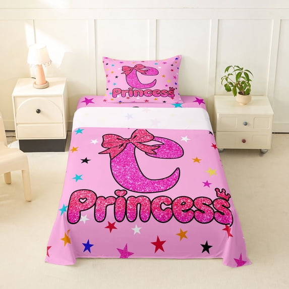 spefrowx Pink Glitter Letter C Print Twin Sheets for Girls, Princess Bow Crown Bedding, 3-Piece, 1 Flat Sheet, 1 Fitted Sheet and 1 Pillowcase