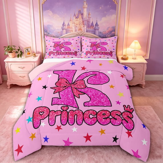 spefrowx Pink Glitter Letter K Print Full Size Comforter Sets, Princess Bow Crown Bedding Comforter Set, Pink Reversible, 3 Pieces, 1 Comforter and 2 Pillowcases