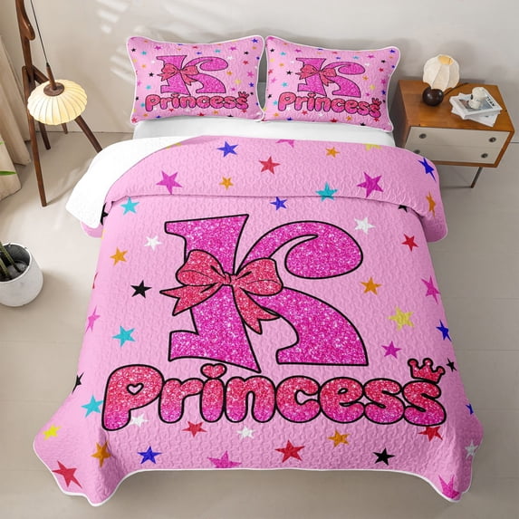 spefrowx Pink Glitter Letter K Print Quilt King for Girls, Princess Bow Crown King Coverlet Set, 3 Pieces