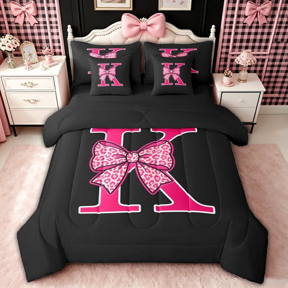 spefrowx Pink Leopard Print Bow Monogram Twin Bedding for Teens, Black Letter K Print Bedding Comforter Set, Black Reversible, 7 Pieces