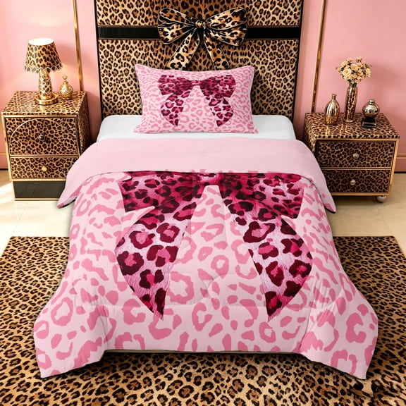 spefrowx Pink Leopard Print Bow Twin Comforter Sets for Kids, Fashion Princess Ribbon Bedding Set, Pink Reversible, 2-Piece, 1 Comforter and 1 Pillowcase