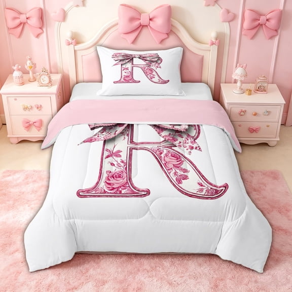 spefrowx Pink Rose Initial R Letter Twin Comforter Sets for Kids, Retro Farm Floral Bow Bedding Set, Pink Reversible, 2pcs, 1 Comforter and 1 Pillowcase