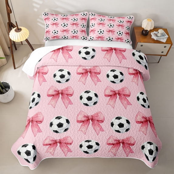 spefrowx Pink Watercolor Bowknot Twin Quilt Set for Girls, Cartoon Soccer Sports Twin Coverlet Set, 2pcs