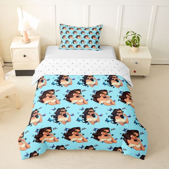 spefrowx Pop Art Retro Girls Twin Duvet Cover for Kids, Cute Blue Butterfly Twin Bedding, Reversible, 2 Pieces, 1 Duvet Cover and 1 Pillowcase