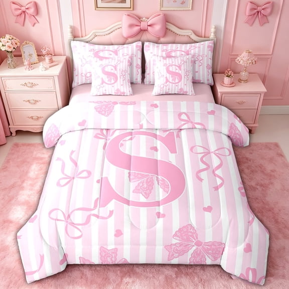 spefrowx Princess Bow Initial S Twin Bedding for Girls, Pink Stripe Lines Bedding Comforter Set, Pink Reversible, 7 Pieces
