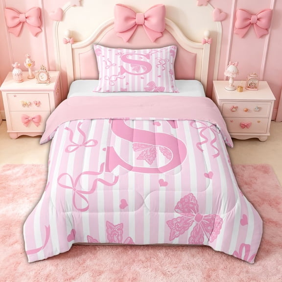 spefrowx Princess Bow Initial S Twin Comforter Sets for Girls, Pink Stripe Lines Bedding Set, Pink Reversible, 2 Pieces, 1 Comforter and 1 Pillowcase