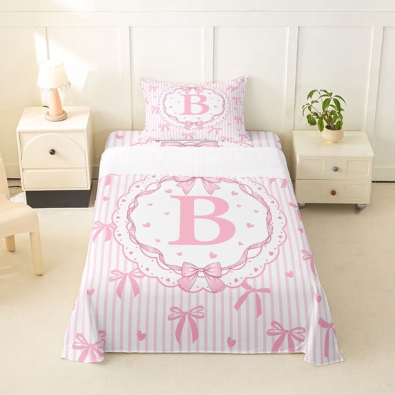 spefrowx Princess Bow Letter B Twin Sheets for Kids, Pink Stripe Heart Print Bedding, 3-Piece, 1 Flat Sheet, 1 Fitted Sheet and 1 Pillowcase