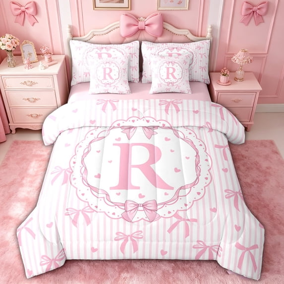 spefrowx Princess Bow Letter R Twin Bedding, Pink Stripe Heart Print Bedding Comforter Set, Pink Reversible, 7 Pieces